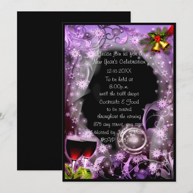 Convites Roxo O Relógio Ataca 12 Festa de Ano Novo (Frente/Verso)