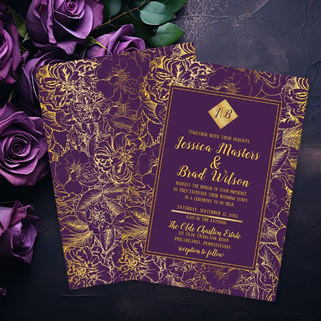 Convites Roxo | Olhar de Folha Dourada Casamento Floral Vin (Purple Faux Gold Foil Look Vintage Floral Wedding Monogram Invitation)