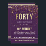 Convites Roxo | Partido Confetti aniversário de 40 anos<br><div class="desc">Roxo | Convites de festas de Confetti Dourados. Este convite de aniversário formal, elegante, moderno, de quadragésimo é adequado para homens ou mulheres. Inclui linhas limpas de ouro, guião gótica de na moda superior e texto sofisticado de folha de ouro falso em um fundo roxo real com chás de espumante,...</div>