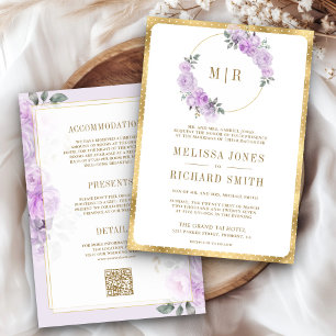 Convites Roxo Pastel Aquarela Floral Tudo em Um Casamento