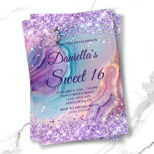 Convites Roxo Pastel Brilhante Azul Rosa Ágata Doce 16