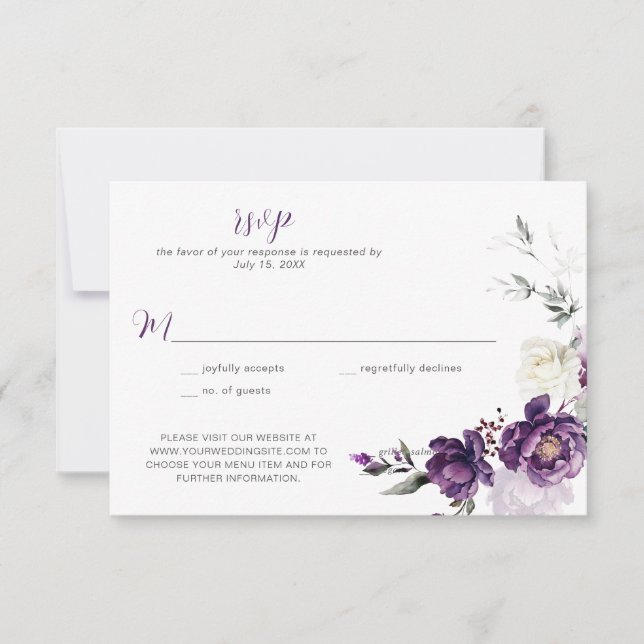 Convites Roxo Peônias Florais Casamento RSVP para Baixar (Frente)