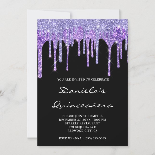 Convites Roxo Periwinkle Brilho Gotas Preto Quinceañera (Frente)