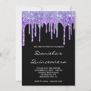 Convites Roxo Periwinkle Brilho Gotas Preto Quinceañera
