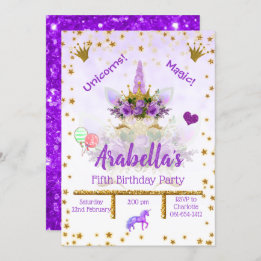 Convites Roxo Personalizado, Estrelas Douradas Unicorn Aniv