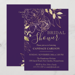 Convites Roxo Plum e Dourado Chá de panela Floral Moderno