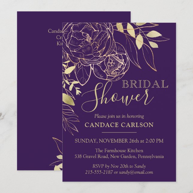 Convites Roxo Plum e Dourado Chá de panela Floral Moderno (Frente/Verso)