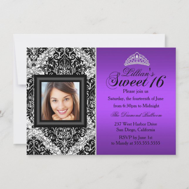 Convites Roxo Prata Brilho Damask Foto Doce 16 (Frente)