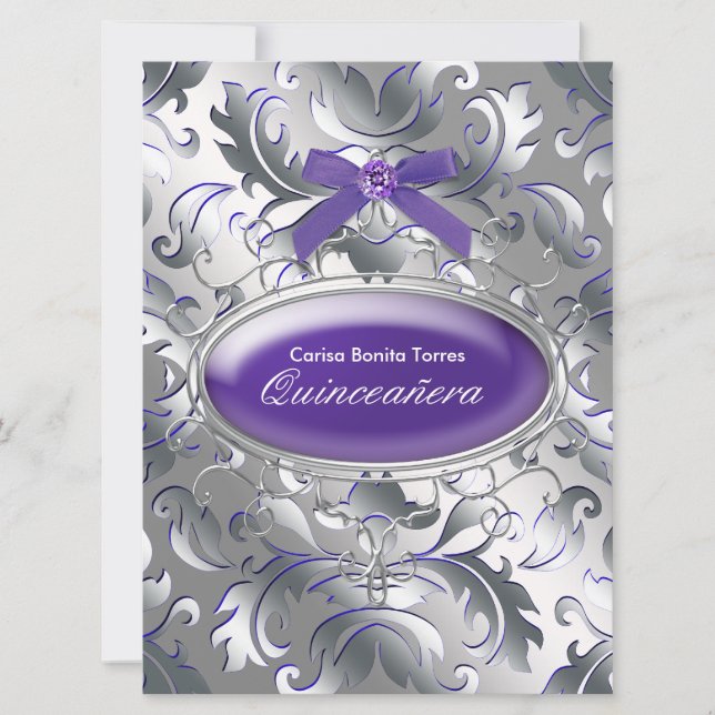 Convites Roxo Prata Damasco Elegante Roxo Quinceanera (Frente)