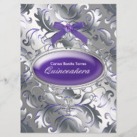 Roxo Prata Damasco Elegante Roxo Quinceanera