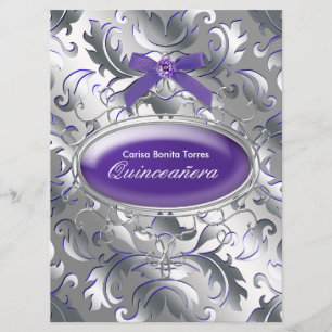 Convites Roxo Prata Damasco Elegante Roxo Quinceanera