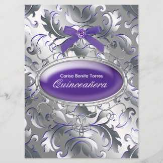 Convites Roxo Prata Damasco Elegante Roxo Quinceanera