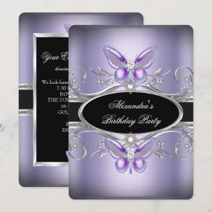 Convites Roxo Prata Preto Jóia Borboleta Festa de Aniversár