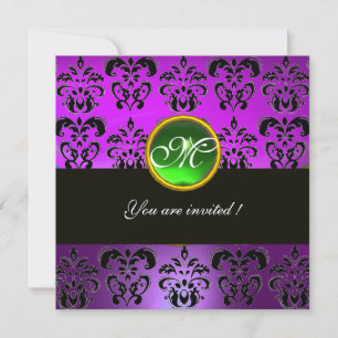 Convites ROXO PRETO DAMASCO MONOGRAMA, esmeralda verde