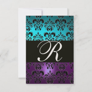 Convites ROXO PRETO DAMASCO MONOGRAMA RSVP , azul turquesa
