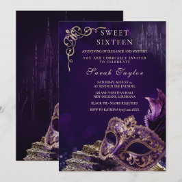 Convites Roxo Preto Doce 16 Máscara Elegante Veneziana
