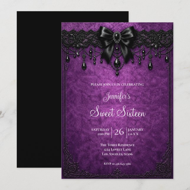 Convites Roxo Preto Renda Doce 16 Aniversário (Frente/Verso)