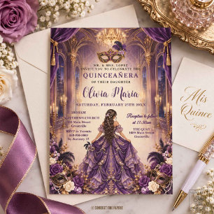 Convites Roxo Real Ameixa Floral Mascarada Quinceañera 16