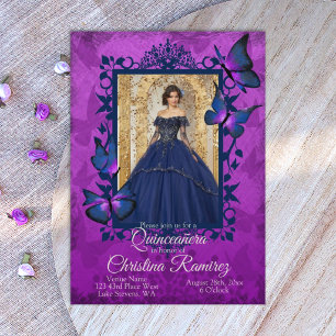 Convites Roxo Real Borboleta Azul Escuro Quinceanera 