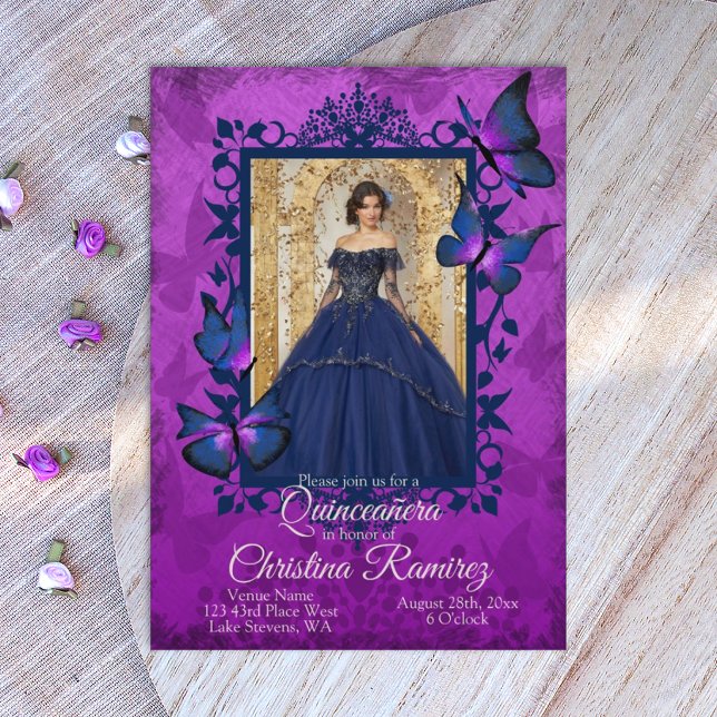 Convites Roxo Real Borboleta Azul Escuro Quinceanera  (royal purple and dark blue  quinceanera invitations )