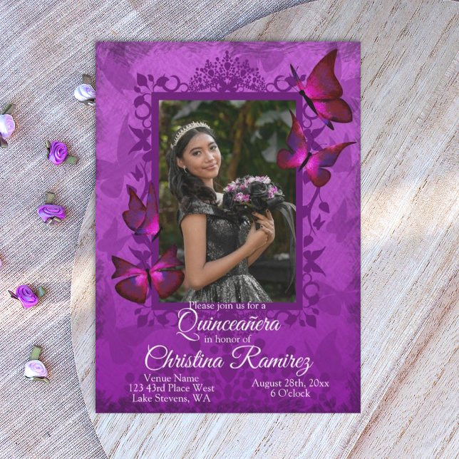 Convites Roxo Real, Borboleta Quinceanera Violeta (dark purple violet magenta quinceanera invitations, royal purple, maroon mis quince anos)
