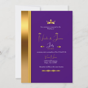 Convites Roxo Real Coroa Dourada Elegante Glam Casamento