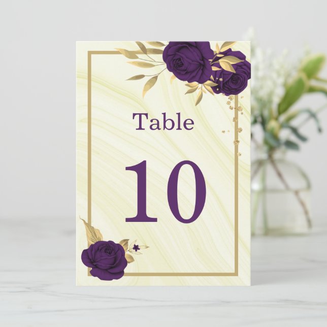 Convites roxo real dourado floral geométrico número da mesa (Em pé/Frente)