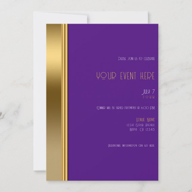 Convites Roxo Real e Dourado Glamouroso Evento ou Jantar El (Frente)