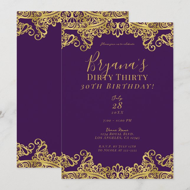 Convites Roxo Real e Renda Dourada Aniversário de 30 anos s (Frente/Verso)