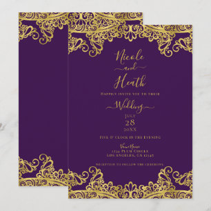 Convites Roxo Real e Renda Dourada Casamento Elegante