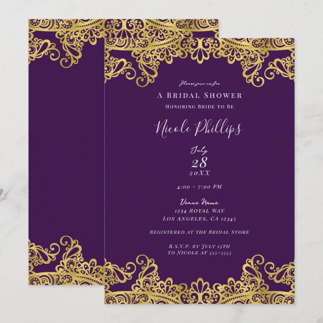 Convites Roxo Real e Renda Dourada Chá de Noiva Elegante (Frente/Verso)