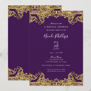 Convites Roxo Real e Renda Dourada Chá de Noiva Elegante