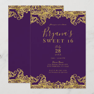 Convites Roxo Real e Renda Dourada Festa Elegante de Doze A