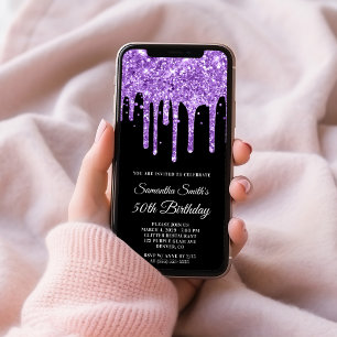 Convites Roxo Real Glitter Preto Aniversário de 50 anos
