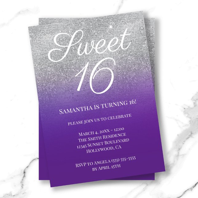 Convites Roxo Real Ombre Brilho Doce 16 (Royal Purple Silver Ombre Glitter Sweet 16 Invitation)