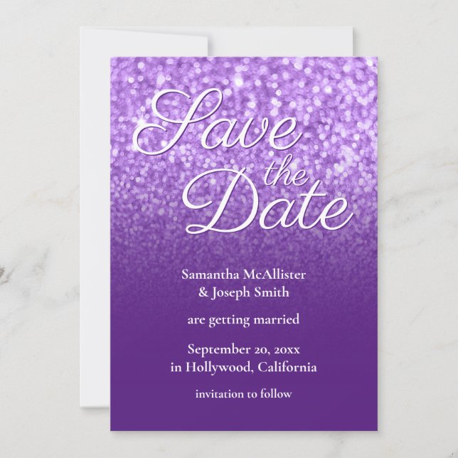 Convites Roxo Real Ombre Glitter Salve a Data (Frente)