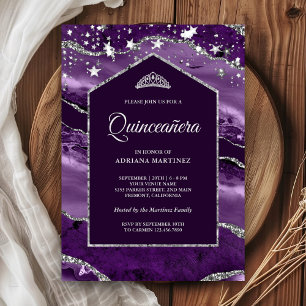 Convites Roxo Real Prata Ágata Arco Quinceanera