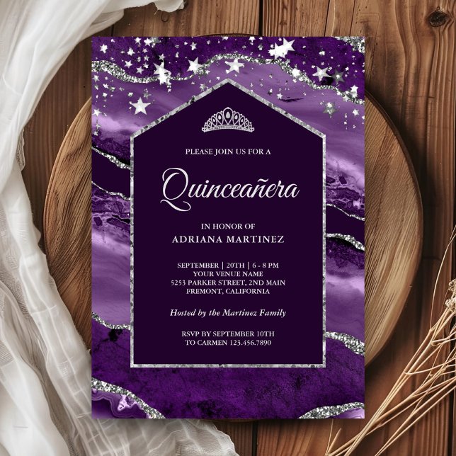 Convites Roxo Real Prata Ágata Arco Quinceanera (Criador carregado)