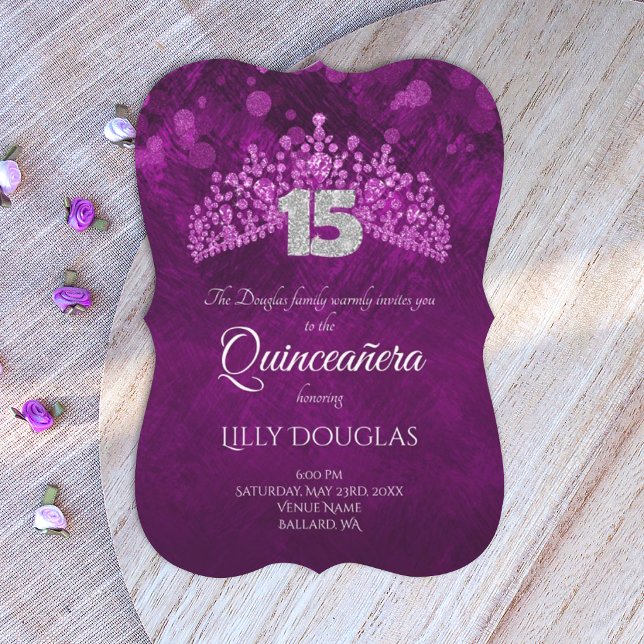 Convites Roxo Real, Quinze anos Violeta com Tiara Rosa (royal purple quinceanera invitations with silver 15 and rhinestone tiara)