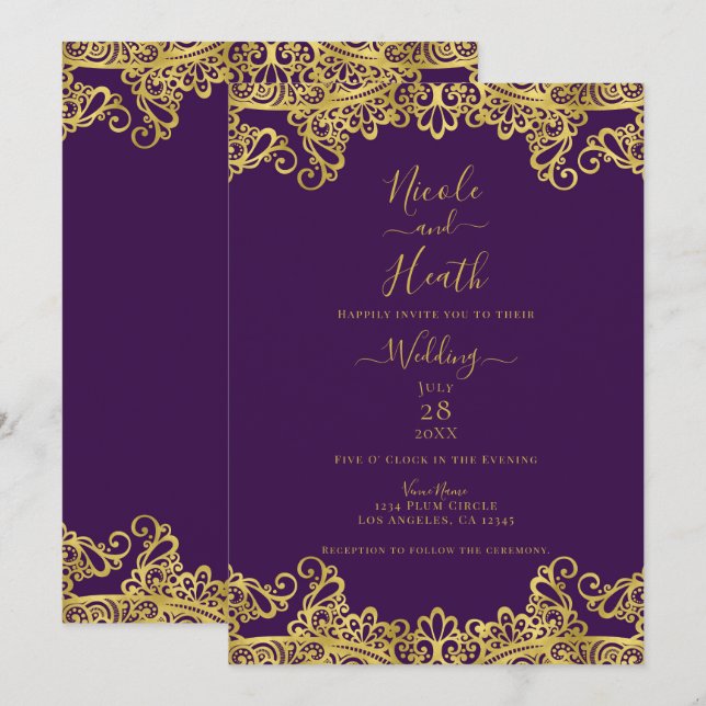 Convites Roxo Real & Renda Dourada Casamento Elegante    (Frente/Verso)