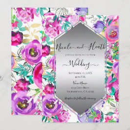 Convites Roxo Rosa Brilhante Floral Aquarela Casamento