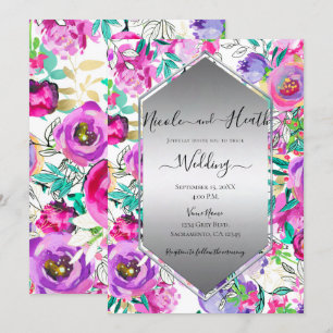 Convites Roxo Rosa Brilhante Floral Aquarela Casamento