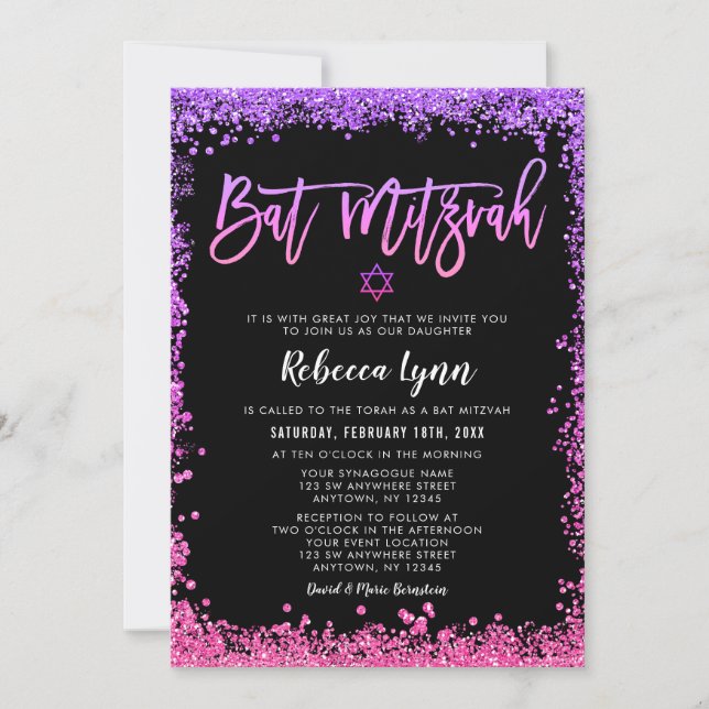 Convites Roxo Rosa Brilho Falso Bat Mitzvah (Frente)