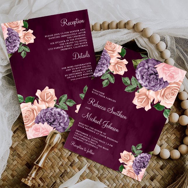 Convites Roxo Rosa Flores Roxas Vestido de Noiva Plúmio Com (Criador carregado)