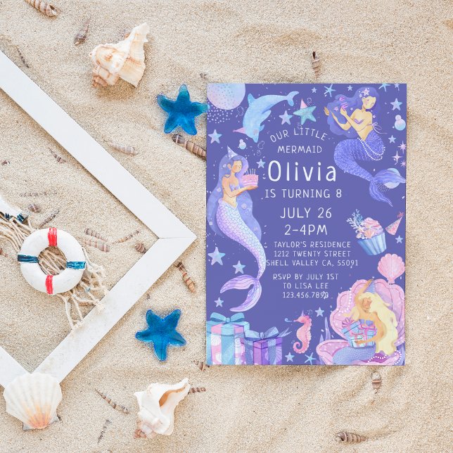 Convites Roxo/Rosa Nossa Pequena Sereia Toda Idade Aniversá (Criador carregado)