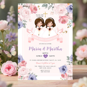 Convites Roxo & Rosa TWIN Menina 1ª Comunhão Floral