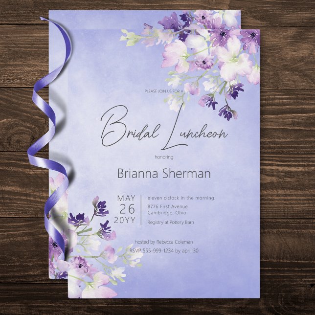 Convites Roxo Roxo Aquarela Bridal Floral (Rustic Purple Watercolor Floral Bridal Luncheon Invitation)
