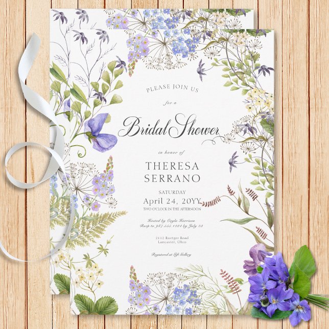 Convites Roxo Roxo Chá de panela Branco de flor selvagem (Rustic Purple Sage Wildflower White Bridal Shower Invitation)