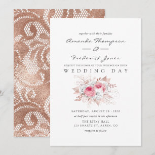 Convites Roxo Rubor e Dourado Rosa Floral e Renda Casamento