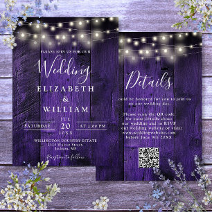 Convites Roxo Rustic Wood Weding Lights Código QR